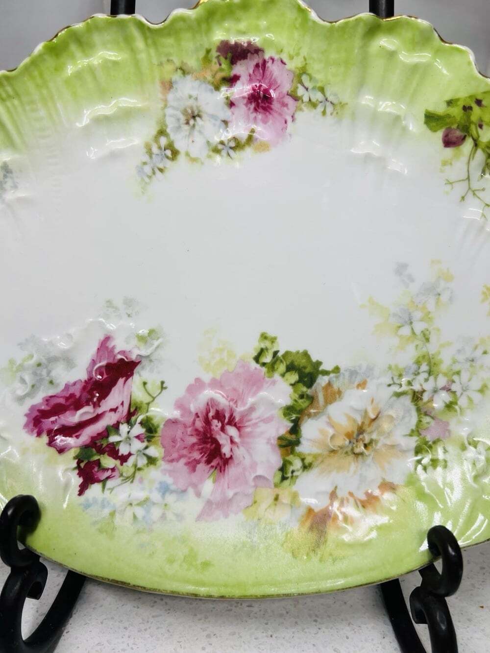 A Lanternier Limoges Floral Oval Serving Bowl 11” Green Gold Trim - Picture 2 of 6